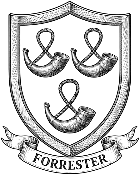 The Forrester arms: three banded hunting horns on a white field, on a shield above a banner reading &ldquo;Forrester&rdquo;.