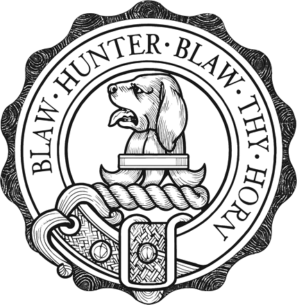 The Forrester clan crest: a hound's head rising from a torse, ringed by a buckled strap reading &ldquo;Blaw, hunter, blaw thy horn&rdquo;.