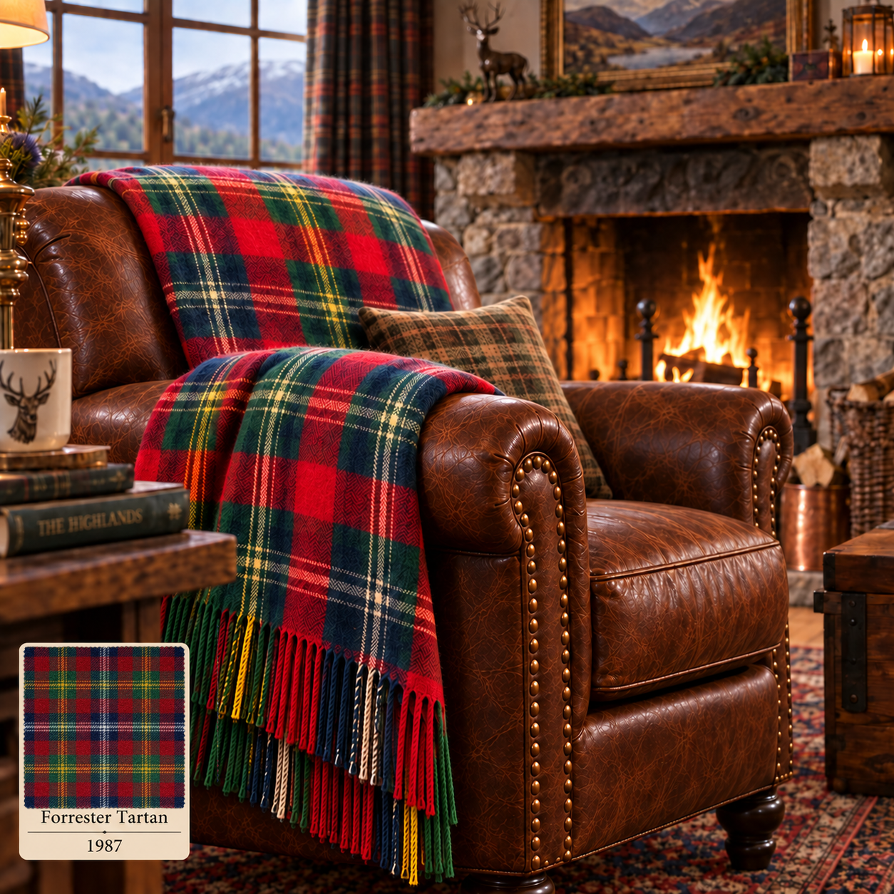 Forrester Tartan, 1987 — woven throw and cushion by the fireside